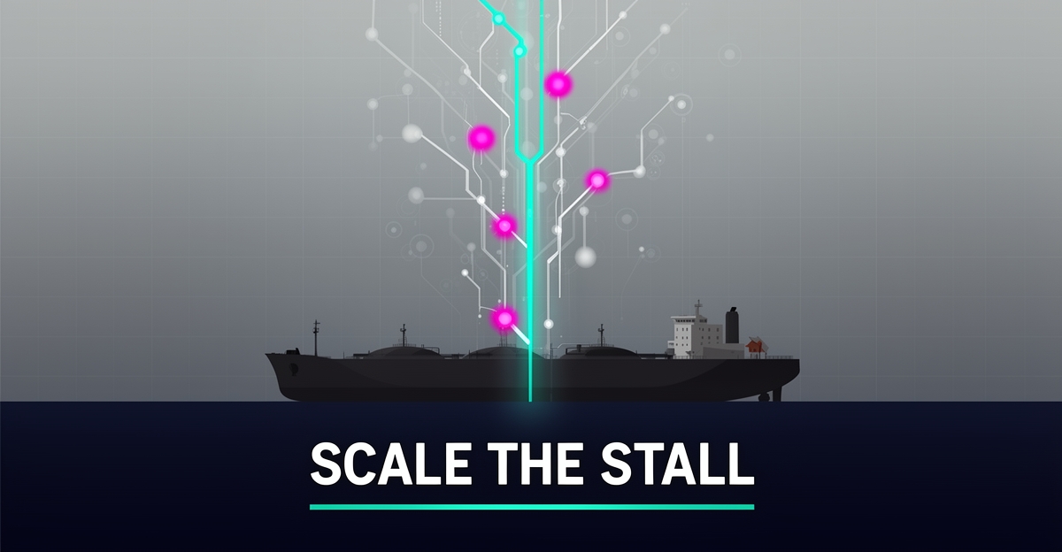 Flat illustration of a tanker ship with AI data streams, one teal pathway scaling successfully while others stall, headline reading Scale the Stall.