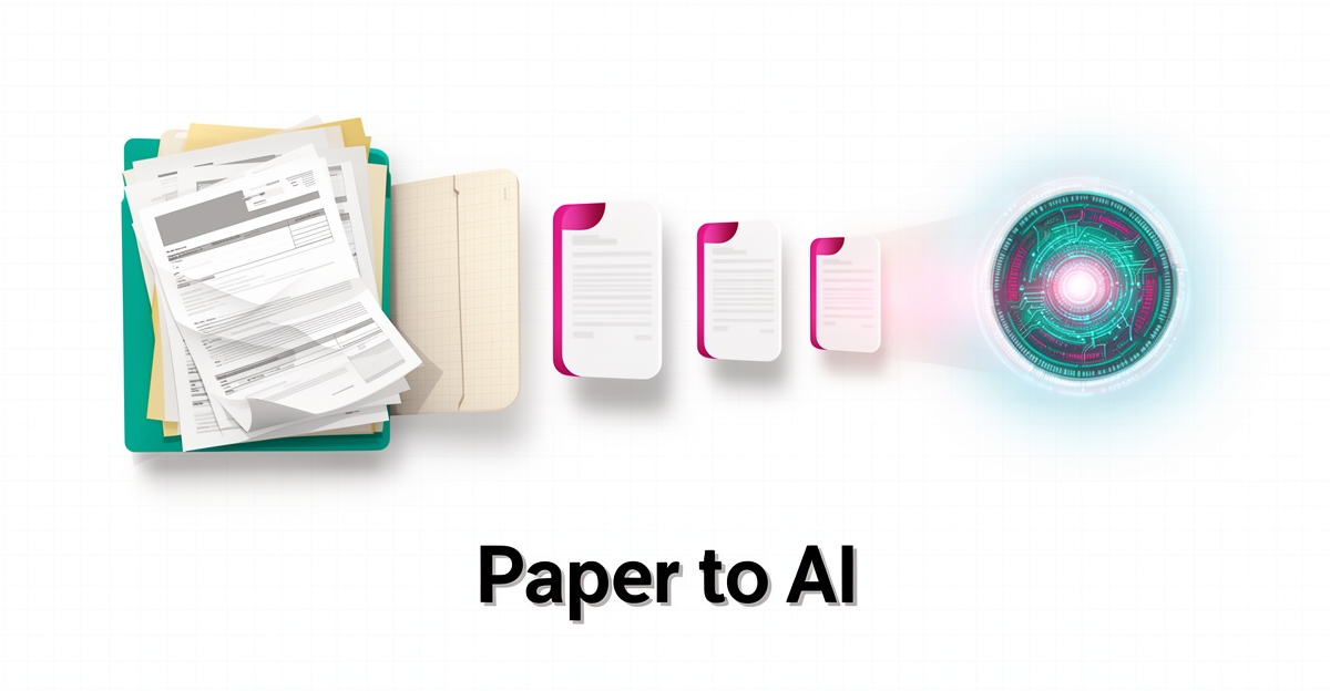 Flat illustration of paper loan files transforming into digital documents flowing into an AI processing core in teal and magenta.