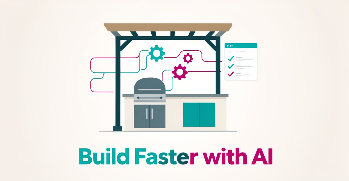Flat illustration of an outdoor kitchen with AI automation elements in teal and magenta, headline reading Build Faster with AI.