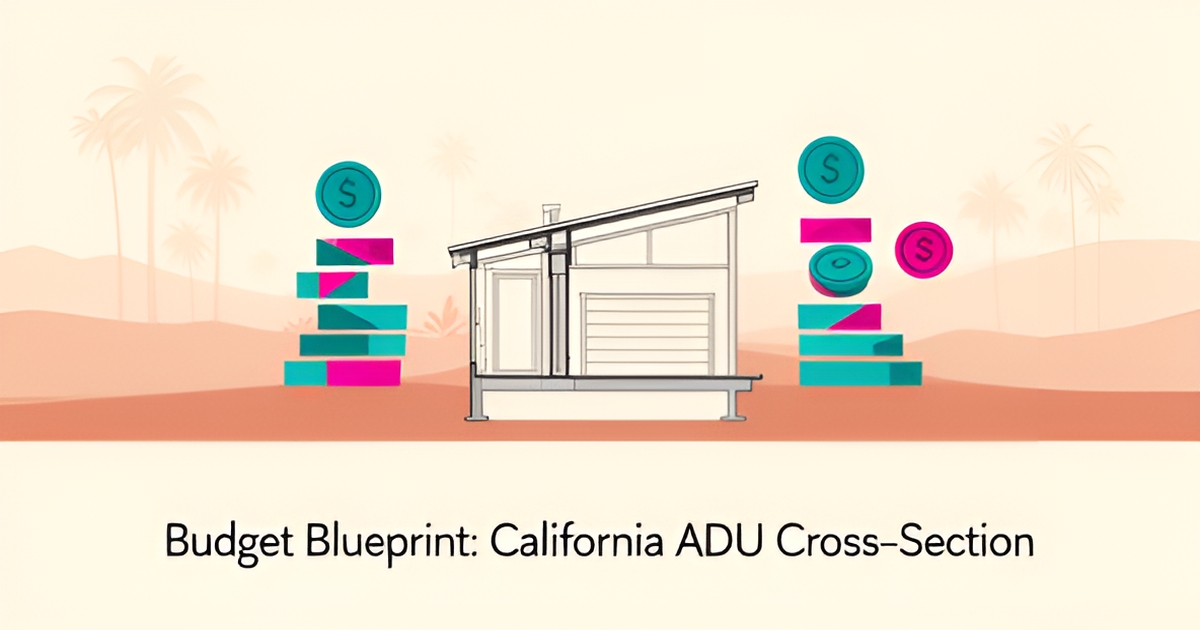 Flat illustration of a modern California backyard ADU with abstract cost breakdown graphics in teal and magenta accents.