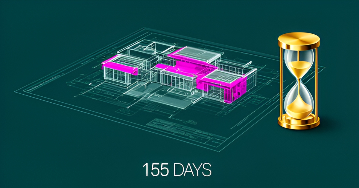 A clean modern flat illustration of architectural blueprints and an hourglass, symbolizing Altadena rebuild permit timelines.