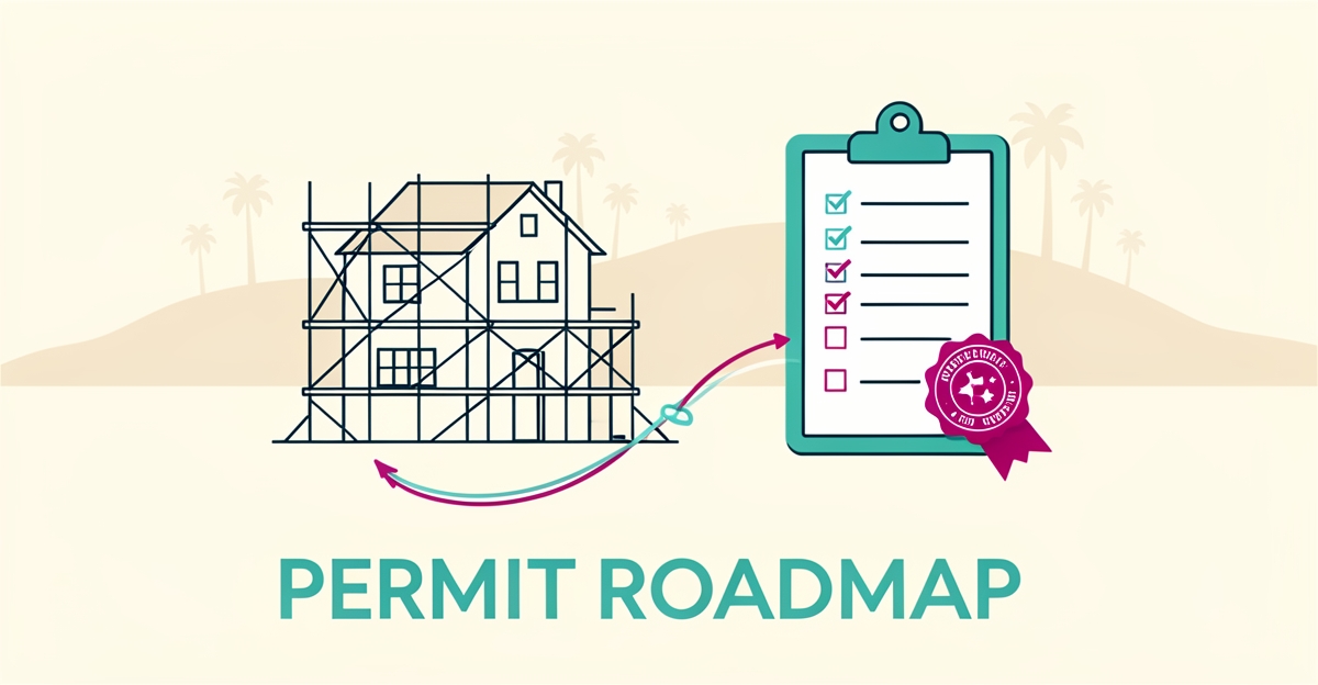 Flat illustration of a house under construction beside a permit checklist and approval stamp, symbolizing the Altadena rebuild permit process.