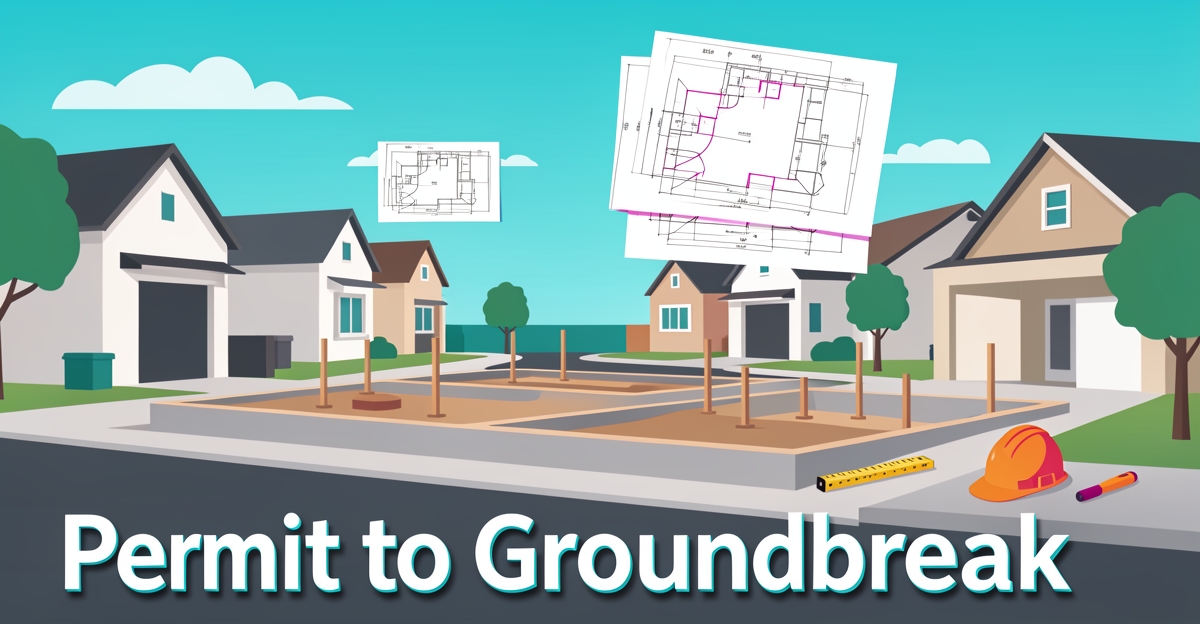 A minimalist flat illustration showing early-stage home construction in Altadena with blueprints and tools, featuring the headline 'Permit to Groundbreak' in the lower third.