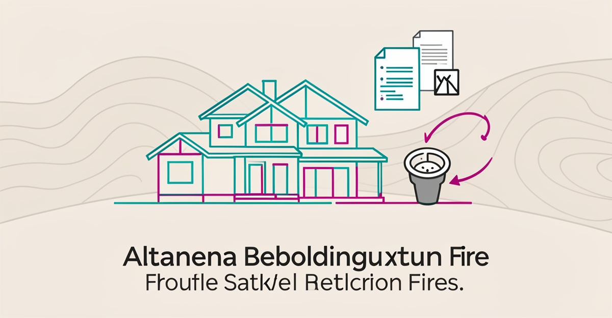 Flat illustration of Altadena home rebuilding progress with permits and timeline accents in teal and magenta.