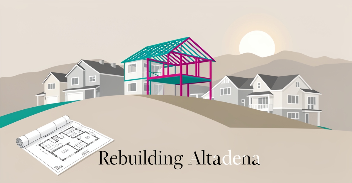 Flat illustration of a modern home under construction on an Altadena hillside with blueprints, symbolizing wildfire rebuild progress.