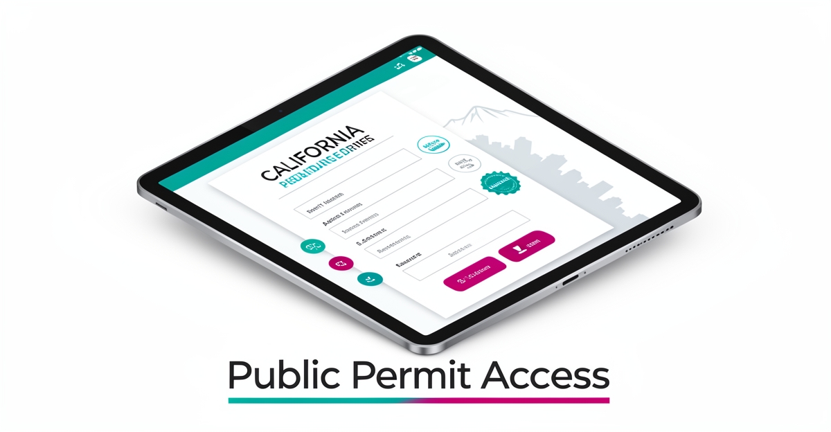 Flat illustration of digital building permit interface on tablet with Altadena mountains backdrop, showing public access to California permit records.