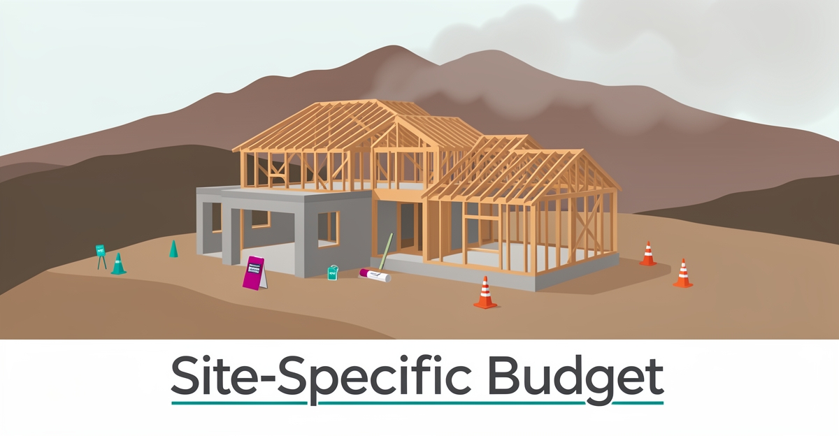 Flat illustration of a custom home framing on an Altadena hillside with mountain backdrop and brand color accents, lower third shows headline Site-Specific Budget.