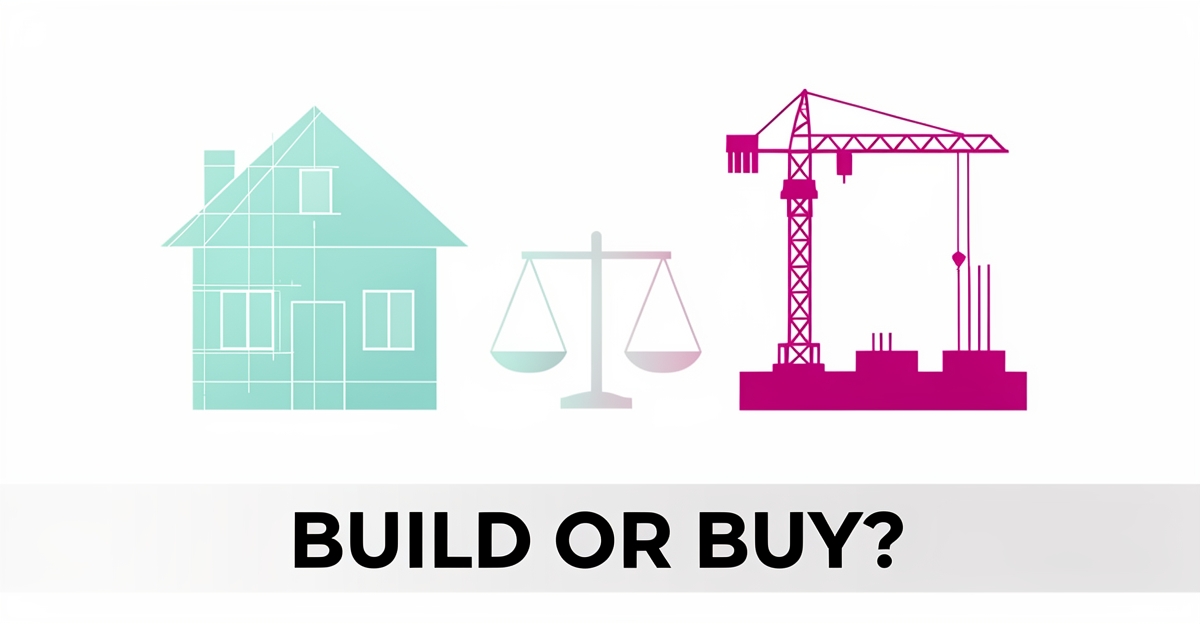Flat illustration comparing building versus buying a home, with teal house and magenta construction crane representing Altadena rebuild decisions.