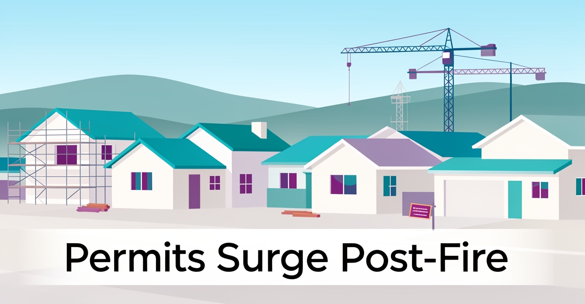 Modern flat illustration of Altadena neighborhood rebuild with construction activity, brand color accents, and headline 'Permits Surge Post-Fire' in lower third