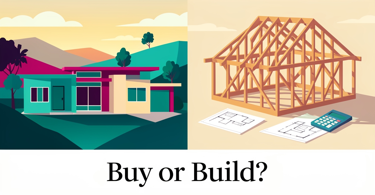 Flat illustration comparing an existing Altadena hillside home with a construction site, representing the buy versus build decision in custom home building.