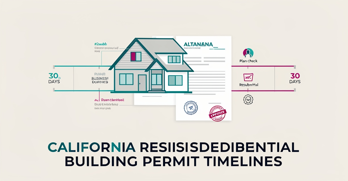 Flat illustration of blueprints and a 30-day permit timeline for Altadena residential building approvals.