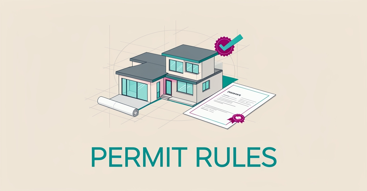Flat illustration of a modern home with ADU, blueprint lines, and permit seal with headline Permit Rules for Altadena builders.
