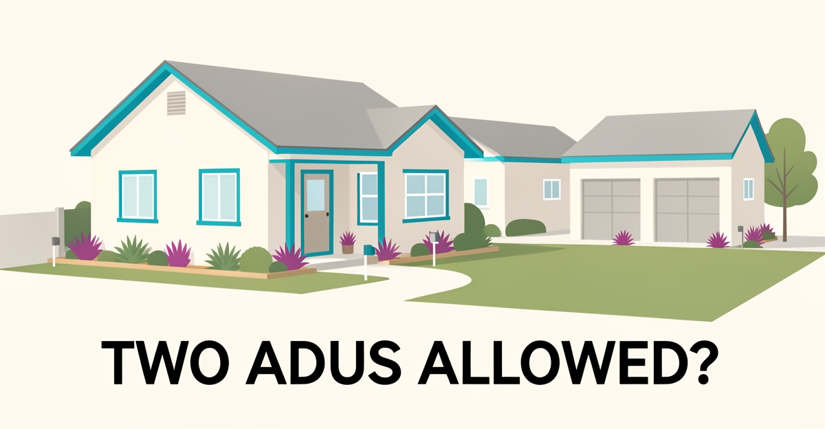 Minimalist flat illustration of a home with two backyard ADUs in Altadena, using brand colors as subtle accents, visualizing local ADU feasibility under California state and LA County rules