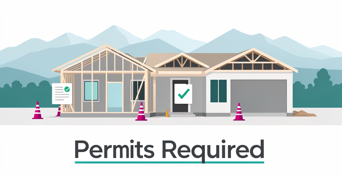 Modern custom home under construction in Altadena with permit approval symbol and mountain backdrop.