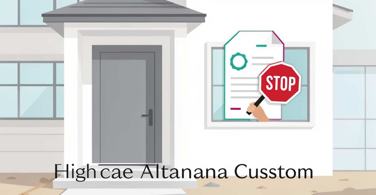 Flat illustration of an Altadena custom home with a Certificate of Occupancy document and warning symbol highlighting move-in legal risks.