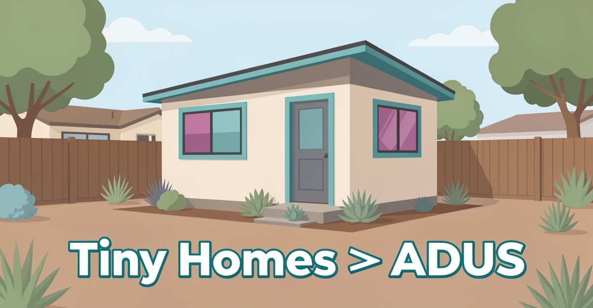 A minimalist flat illustration of a tiny home in an Altadena backyard showing 4-foot setbacks and 16-foot height limit, with brand-colored accents and the headline 'Tiny Homes ≠ ADUs' in the lower third.