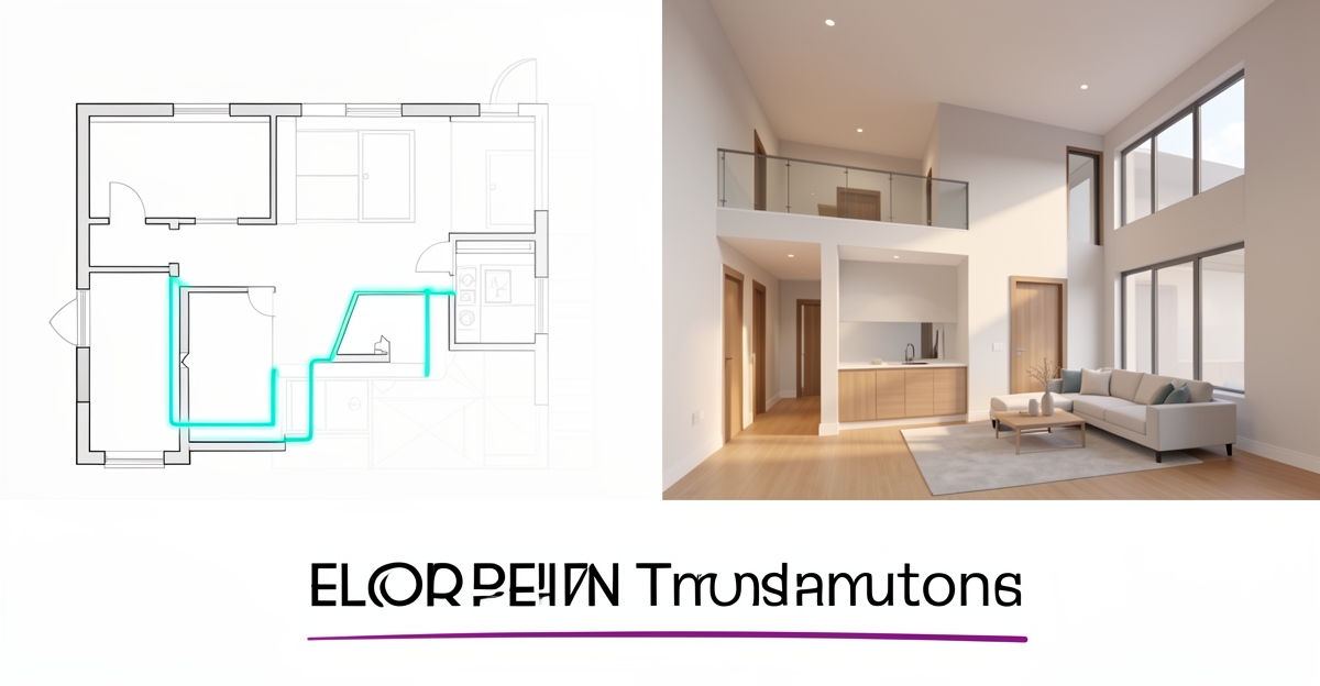 A minimalist flat illustration comparing a 2D floor plan to its 3D rendered version, with brand-colored accents highlighting layout changes for whole-home renovation planning.