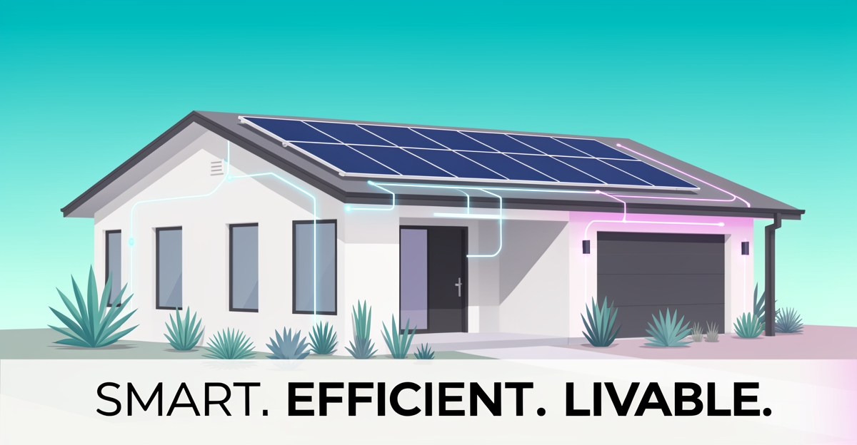 Modern custom home exterior with smart technology accents, solar panels, and desert-friendly landscaping in brand colors teal and magenta, minimalist flat illustration style.