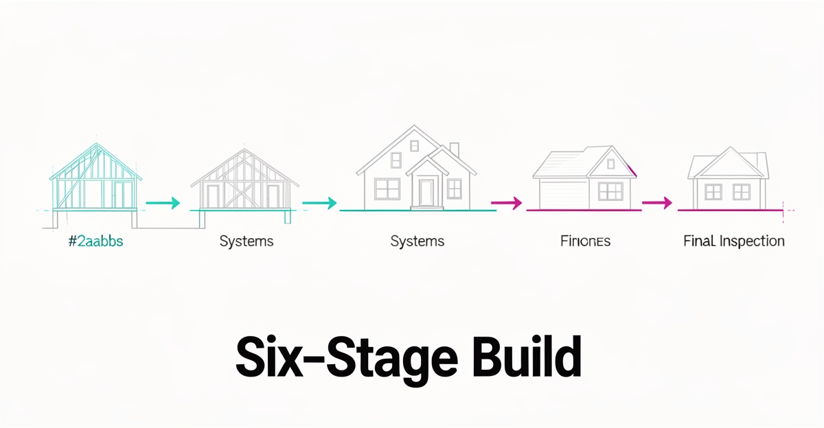 Flat illustration showing six-stage custom home build sequence for Altadena homes with teal and magenta accents.