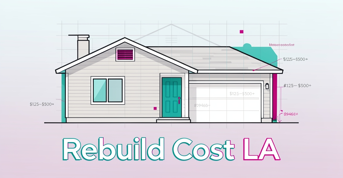 A minimalist flat illustration of a wildfire-resistant home in Altadena with brand-colored accents, overlaid with the headline 'Rebuild Cost LA' in the lower third.