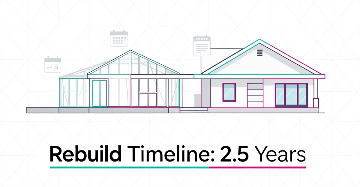 Flat illustration of Altadena custom home build timeline showing construction phases with 2.5 year rebuild estimate.