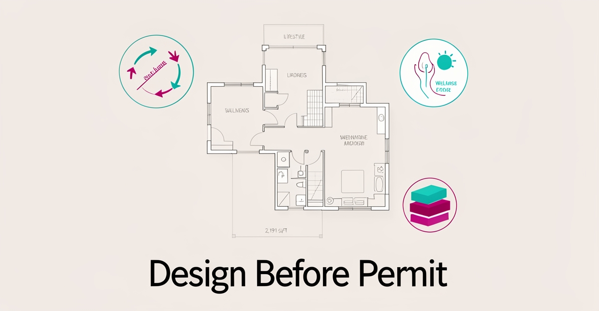 Flat illustration of a custom home floor plan with wellness and sustainable design icons using teal and magenta accents.