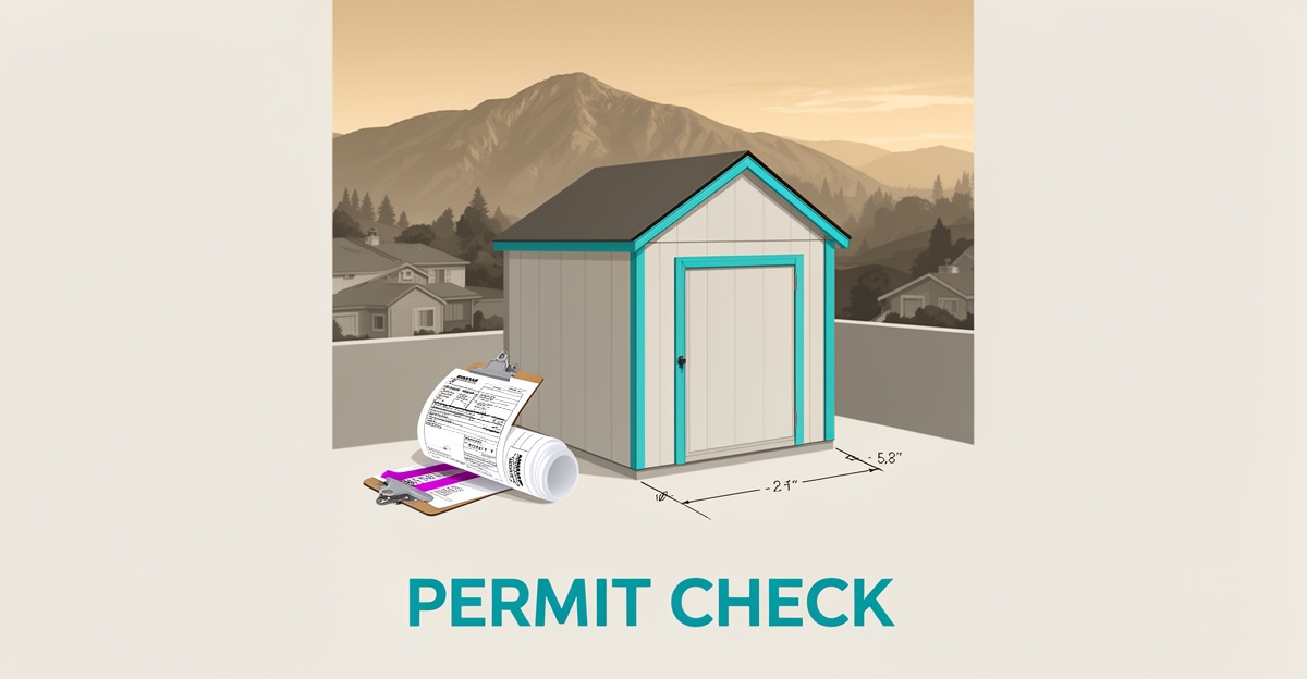 Flat illustration of a 10x12 backyard shed with dimension lines and a building permit document against the San Gabriel Mountains, illustrating California shed permit rules.