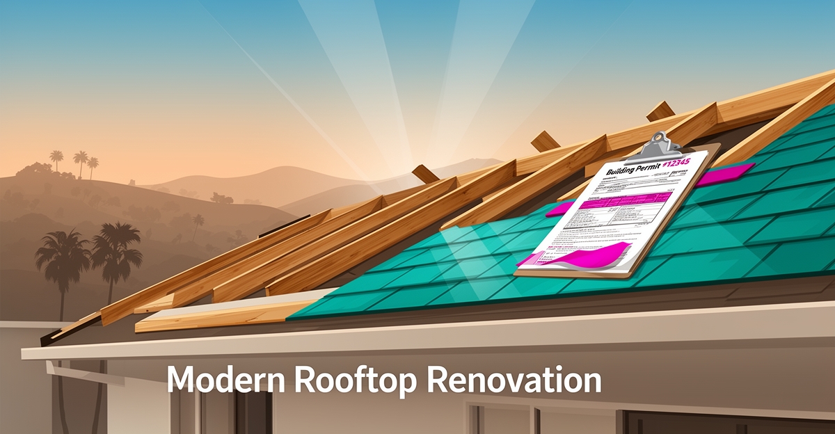 Flat illustration of a roof under replacement with a building permit document, symbolizing required roofing permits in Altadena and Los Angeles County.