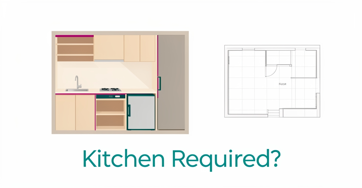 Flat illustration of a compact ADU kitchenette with floor plan elements, accented in teal and magenta, with headline 'Kitchen Required?'
