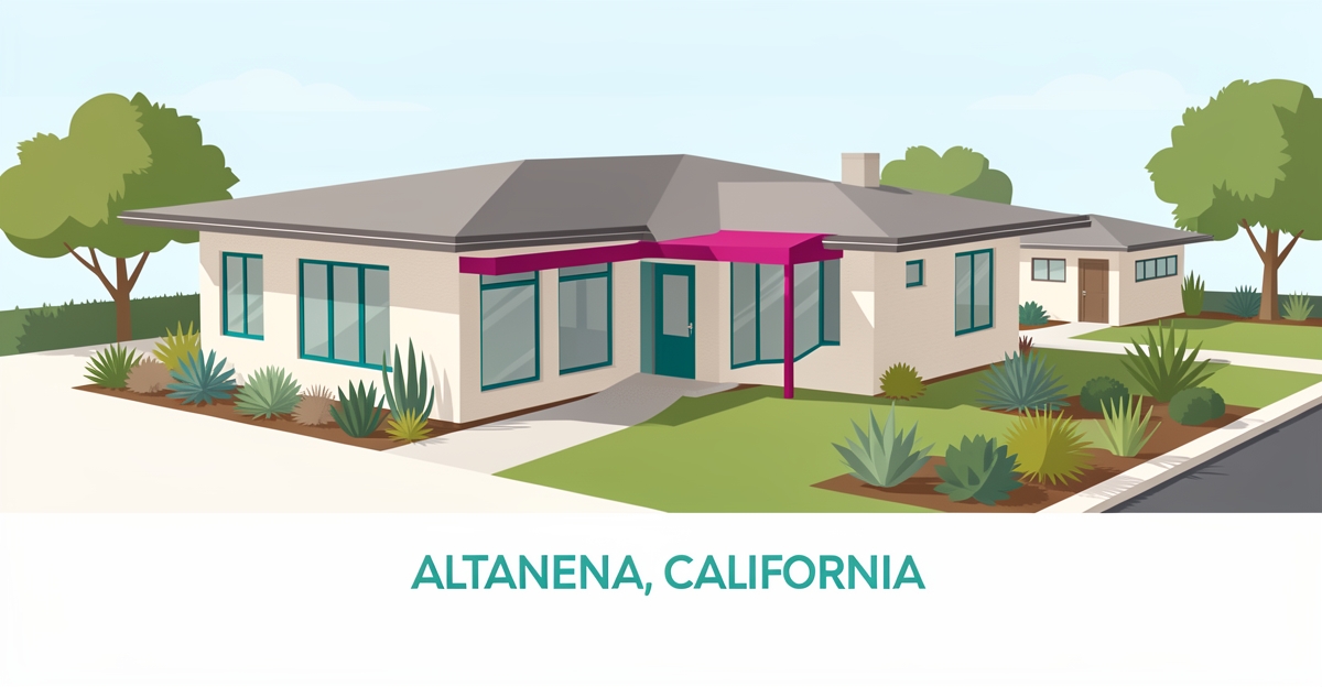 Modern flat illustration of a one-story Altadena home showing sprawling footprint with teal and magenta accents.