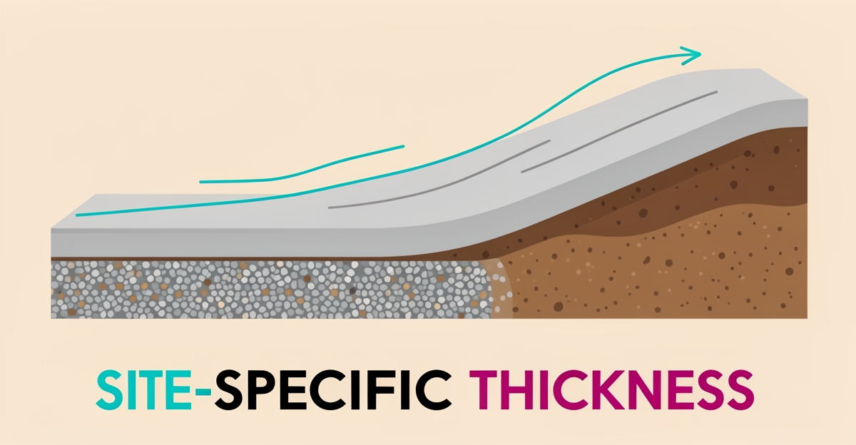 Flat illustration of a driveway cross-section with soil, gravel, and concrete layers, highlighting site-specific thickness considerations for Altadena homes