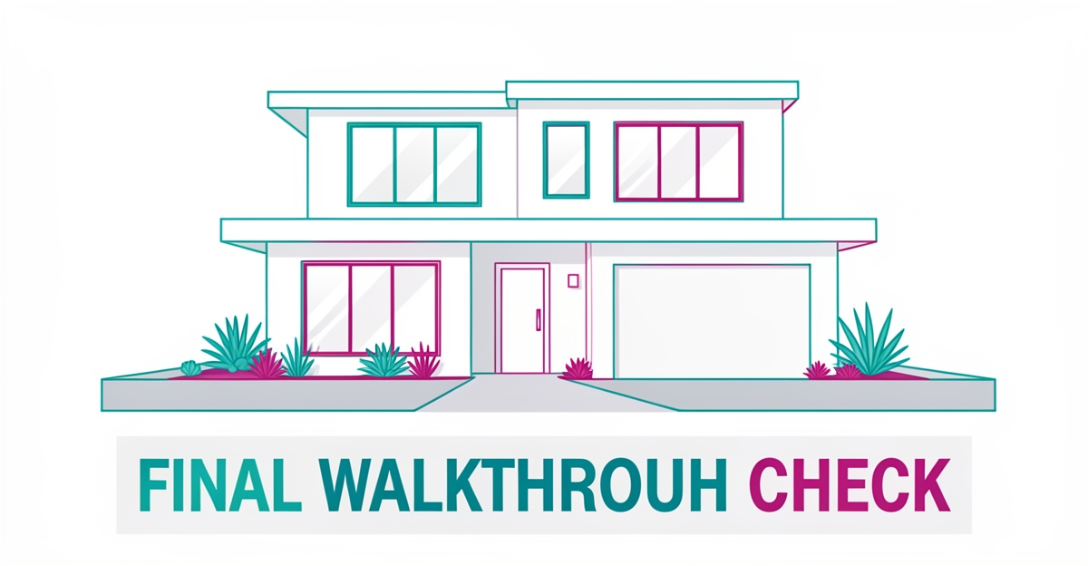 Modern flat illustration of a new custom home exterior with brand-colored accents and a minimalist headline in the lower third reading 'Final Walkthrough Check'.