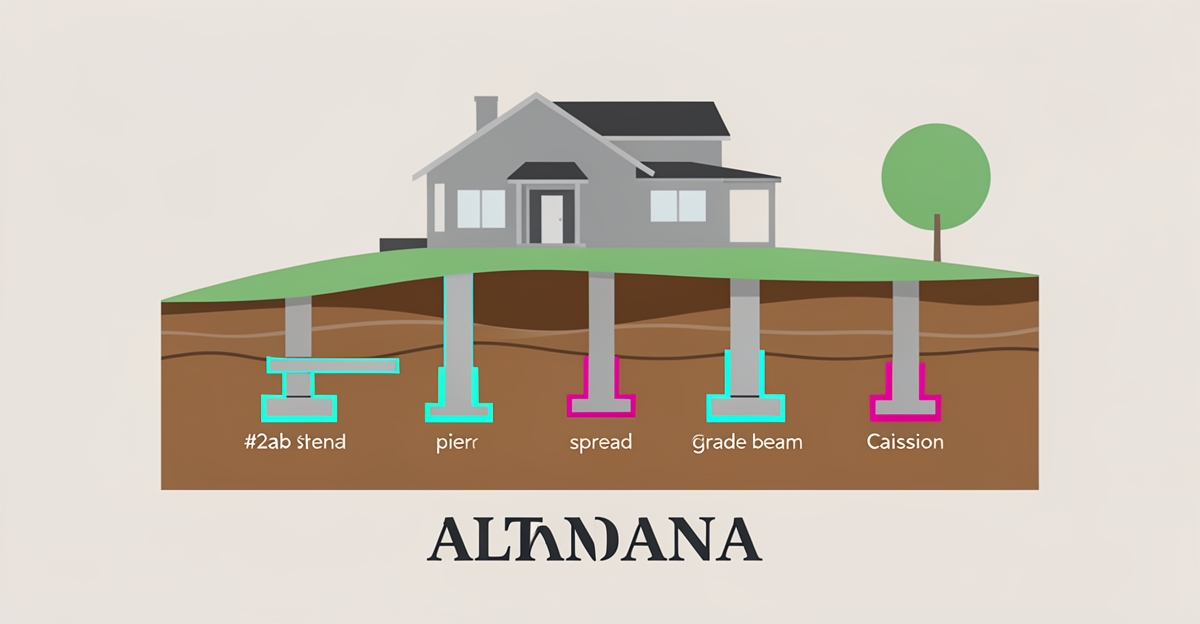 Flat illustration of five residential footing types in hillside soil cross-section for Altadena custom home construction.