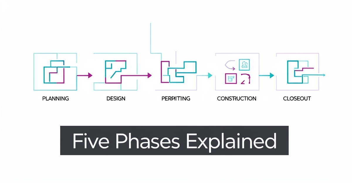 A minimalist flat illustration visualizing the five phases of a design-build process with brand-colored accents and a headline overlay reading 'Five Phases Explained'.