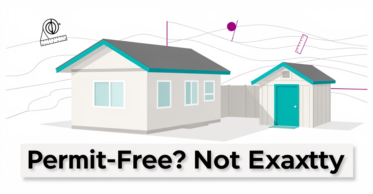 A minimalist flat illustration of an ADU and shed in Altadena with zoning markers, using brand colors #2aabb6 and #d946ef as accents, with the headline 'Permit-Free? Not Exactly' in the lower third.