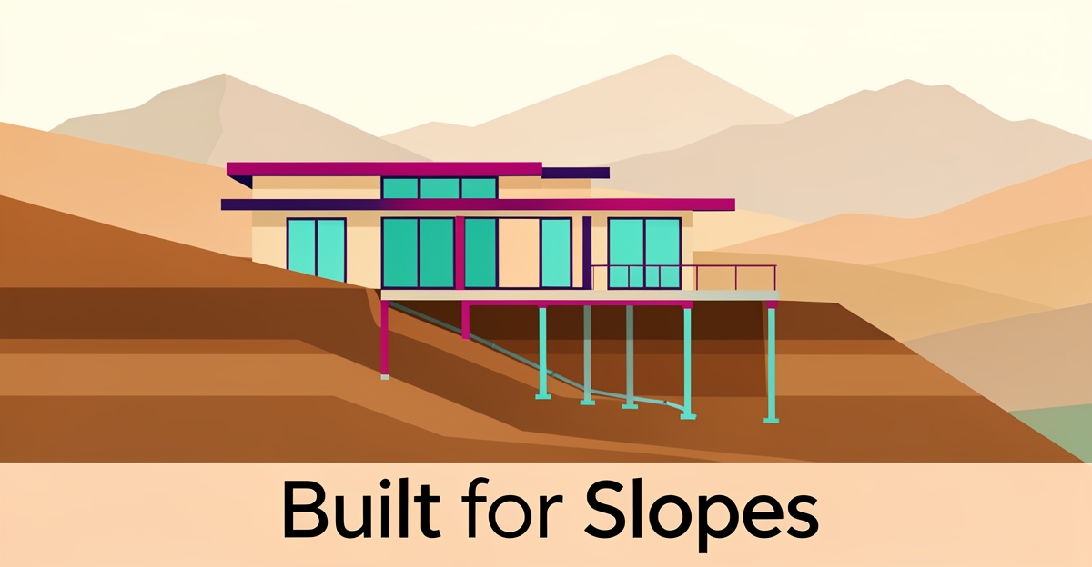 Flat illustration of a modern custom home on a sloped hillside lot with visible engineered foundation piers and drainage layers in teal and magenta accents.