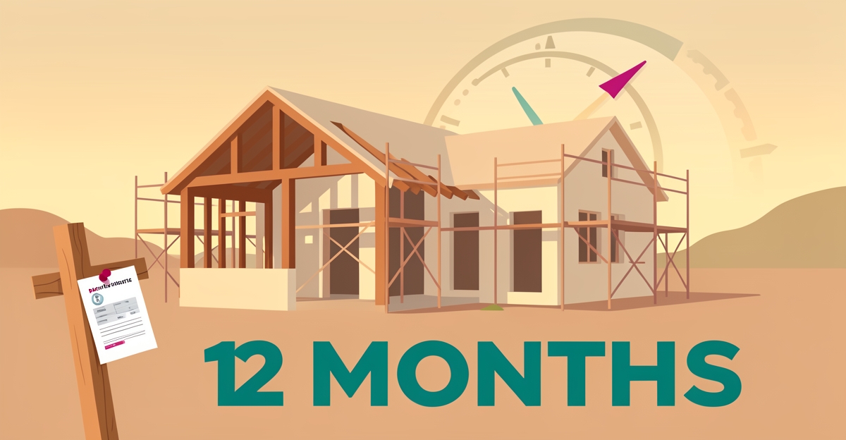 Flat illustration of a California home under construction with a clock symbolizing the 12-month building permit inspection rule.