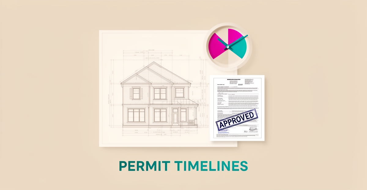 Flat illustration of a custom home blueprint with an approval stamp and clock, representing California building permit timelines.