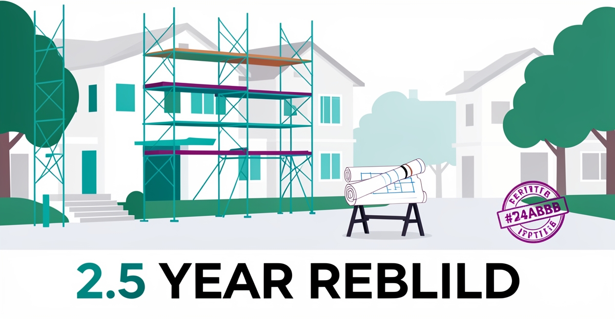 A clean modern flat illustration of Altadena rebuilding progress with construction details and brand color accents, featuring the headline '2.5 Year Rebuild' in the lower third.