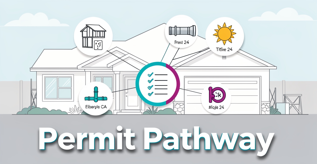Modern flat illustration of a custom home under construction with permit icons and checklist, overlaid with the headline 'Permit Pathway' in brand colors, representing LA County permitting process for Altadena home builds.