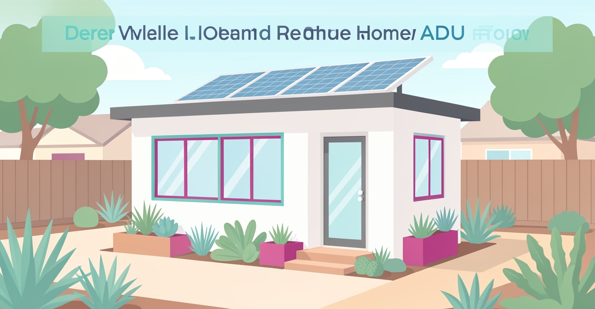 A minimalist flat illustration of a detached tiny home ADU in a California backyard with brand-colored accents, featuring the headline 'Build Your ADU' in the lower third