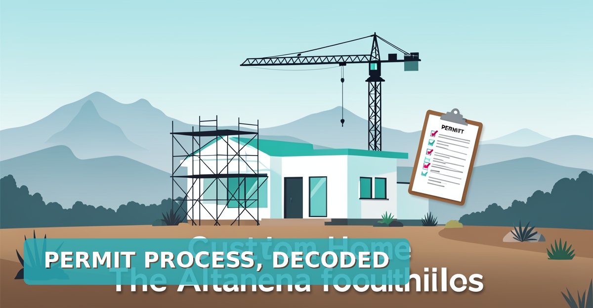 Flat illustration of a modern Altadena hillside home under construction with permit documents and checklist, in teal and magenta brand colors.