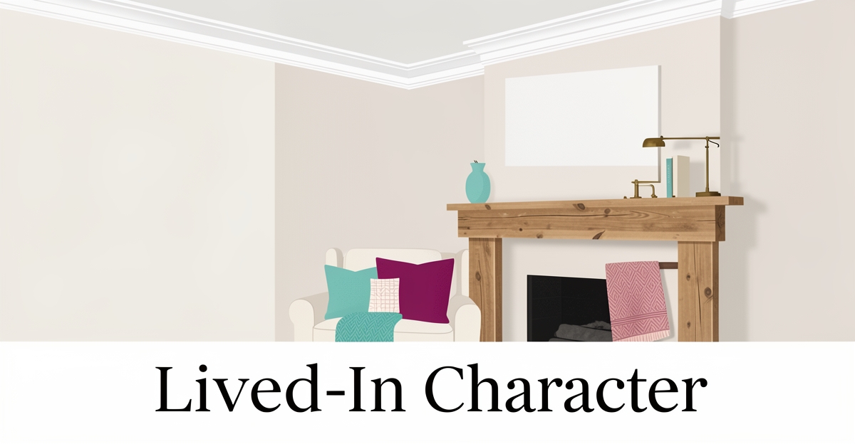 Flat illustration of a new-build interior with crown molding, reclaimed wood mantel, and layered decor creating lived-in warmth.