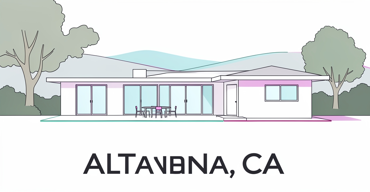 Flat illustration comparing a single-level ranch home with Altadena hills for custom home design considerations.