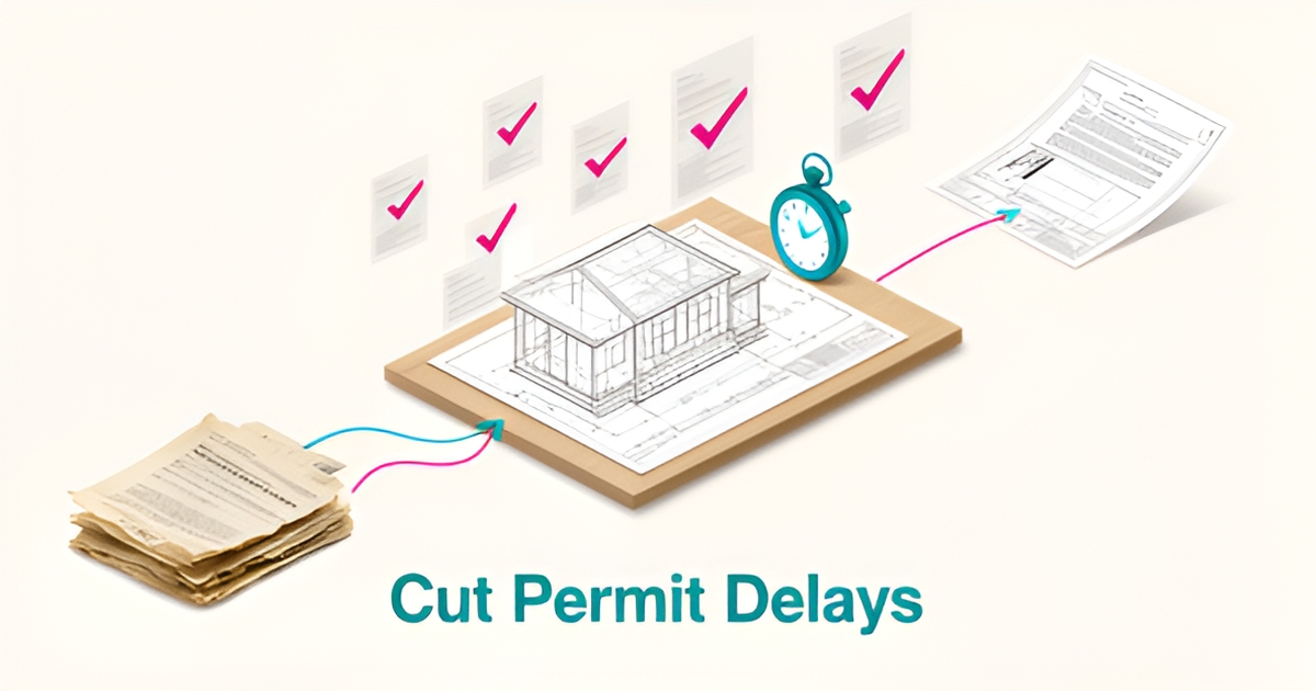 Flat illustration of a home blueprint with a stopwatch and approved permit documents, accented in teal and magenta, with headline Cut Permit Delays.