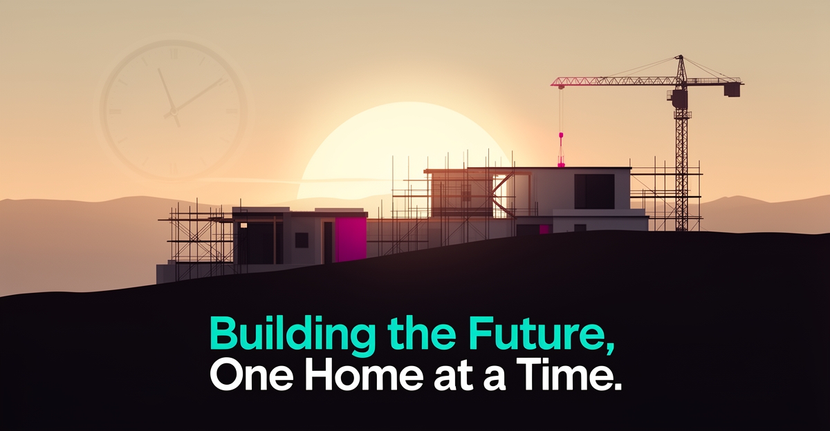 Flat illustration of a custom home under construction at sunrise with a clock motif, symbolizing legal construction start times in Los Angeles.
