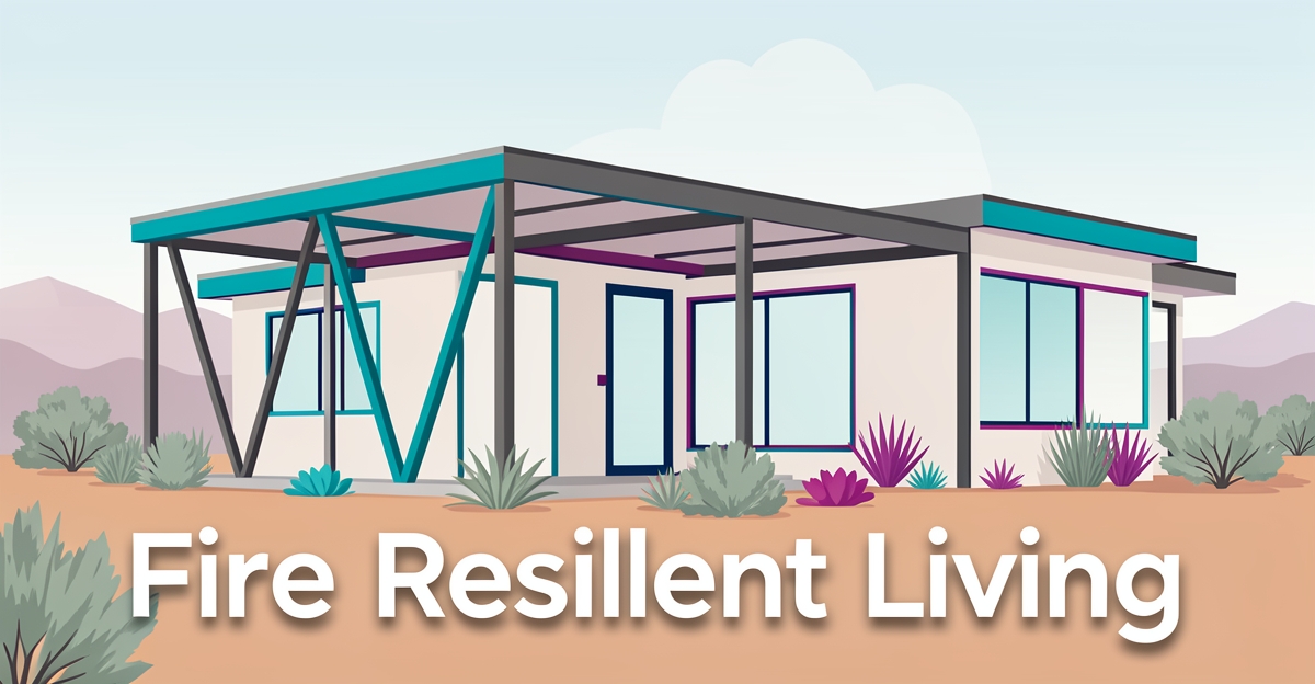 A minimalist flat illustration of a steel-framed home in Altadena with fire-resistant design, native plants, and brand-colored accents, promoting resilient custom home building.