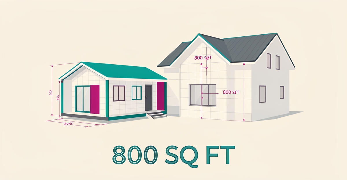 Flat illustration of a compact ADU next to a main house with an 800 square foot floor plan highlighted in teal accents.