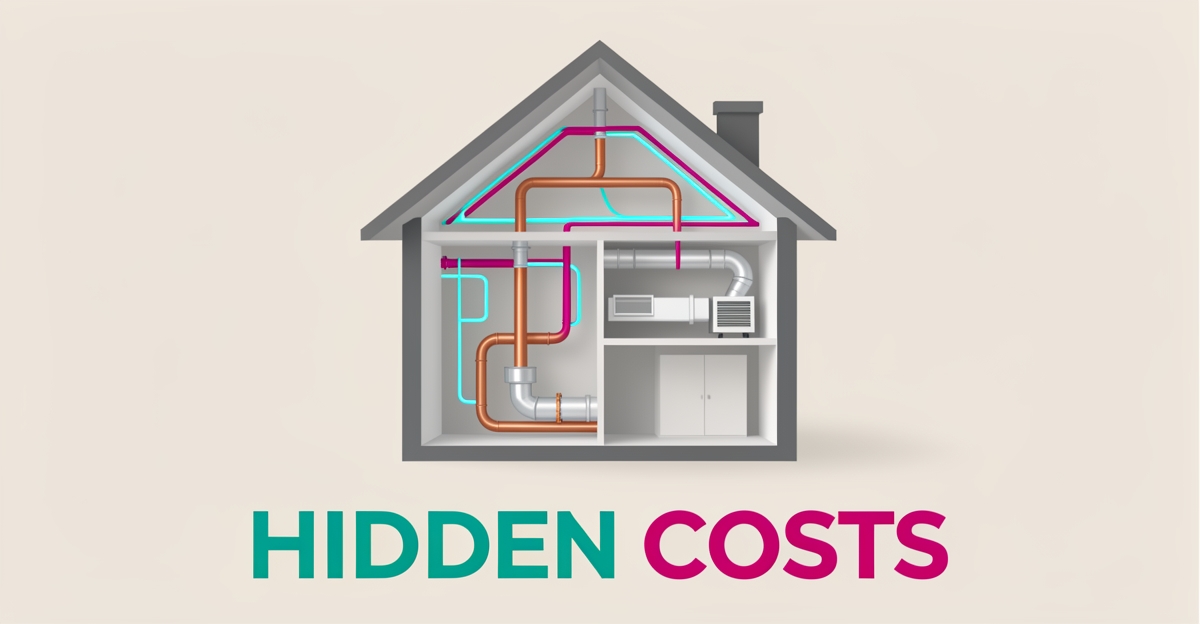 Flat illustration of a house cutaway showing glowing electrical, plumbing, and HVAC systems with headline Hidden Costs.