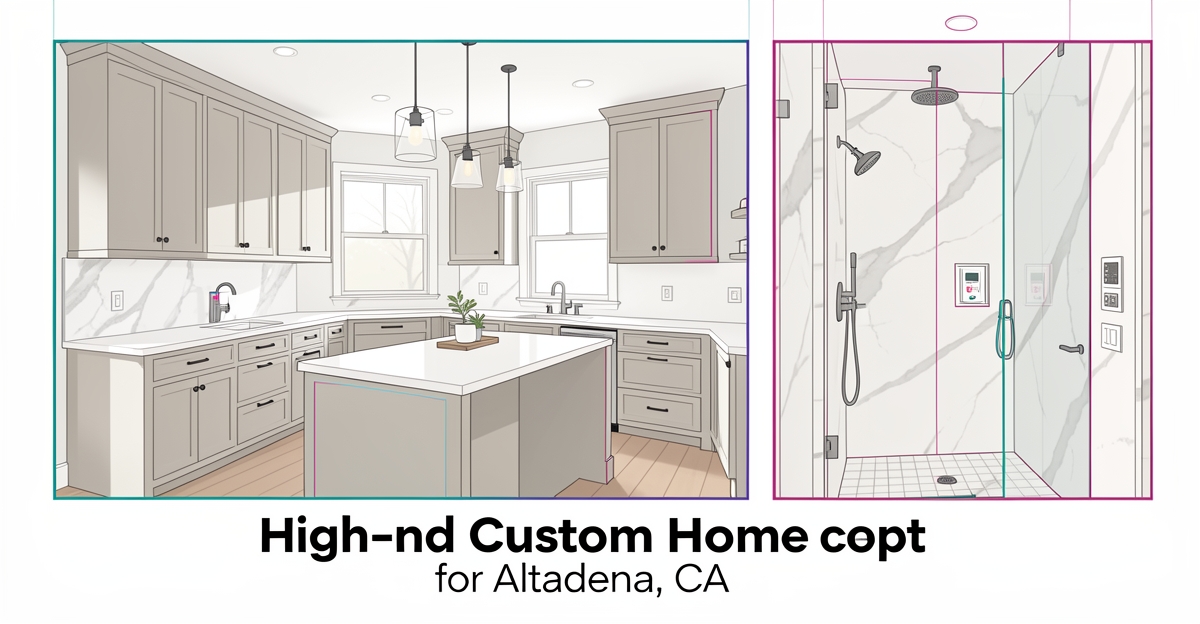 Modern custom home interior illustration highlighting English-style kitchen and spa shower with smart home accents.